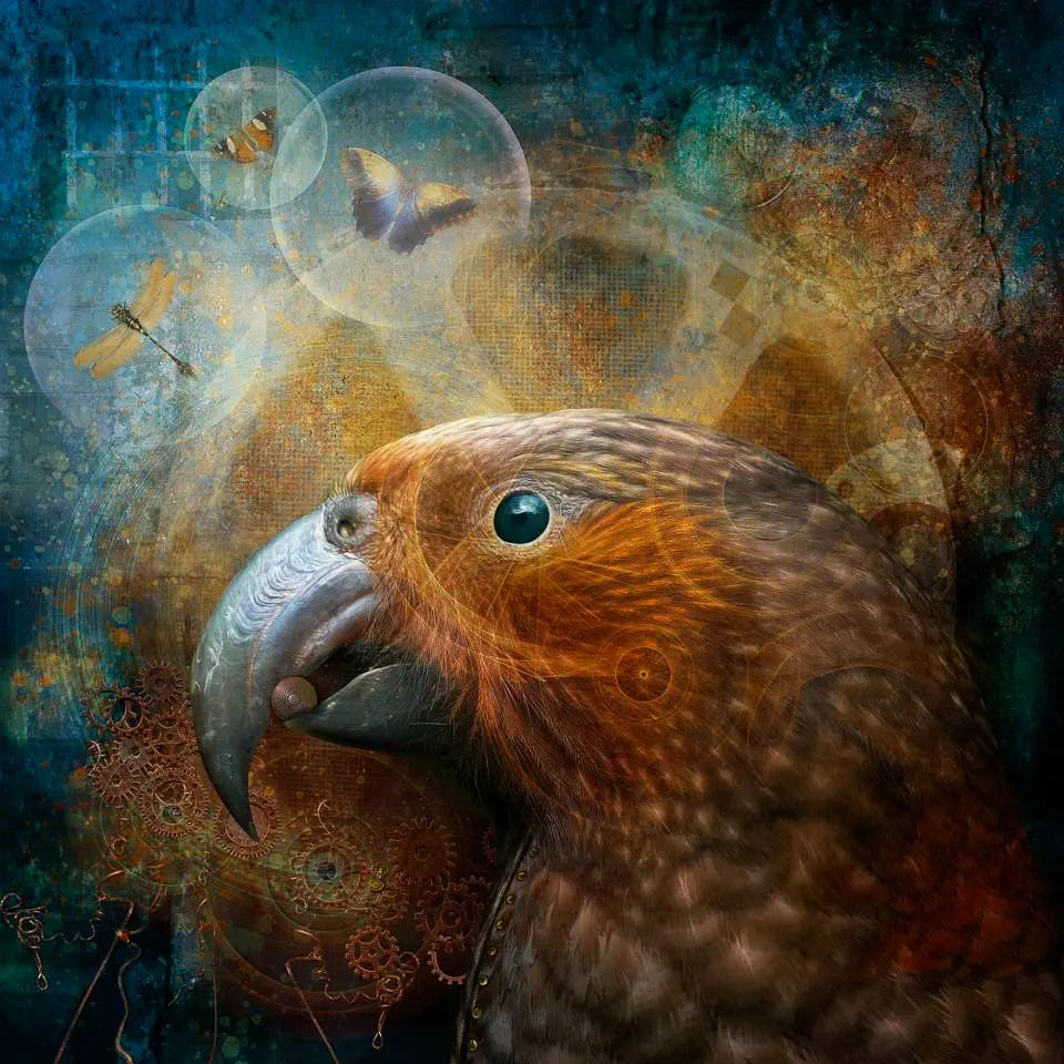 A grungy steampunk artwork of a kaka parrot manipulating cogs with his beak while thought bubbles filled with butterflies and a dragonfly float above him.
