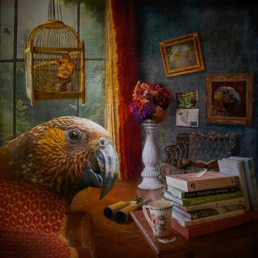 A surreal artwork of a kaka parrot in a living room with bird books, family pictures on the wall, and a bird cage with a man trapped in it.
