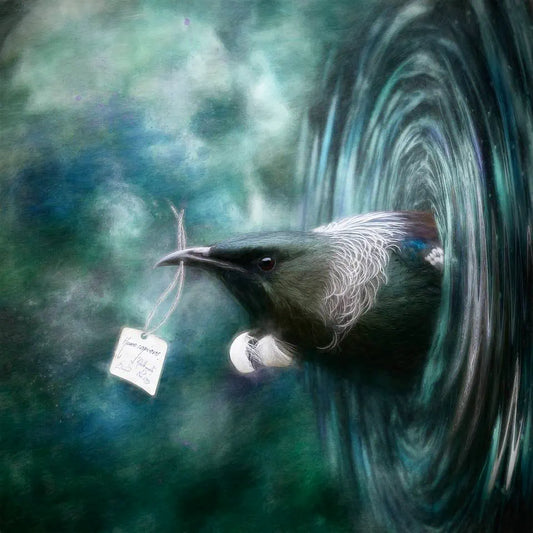 A surreal artwork of a tui bird emerging from a whirlpool representing a temporal eddy holding a collection label for homosapiens