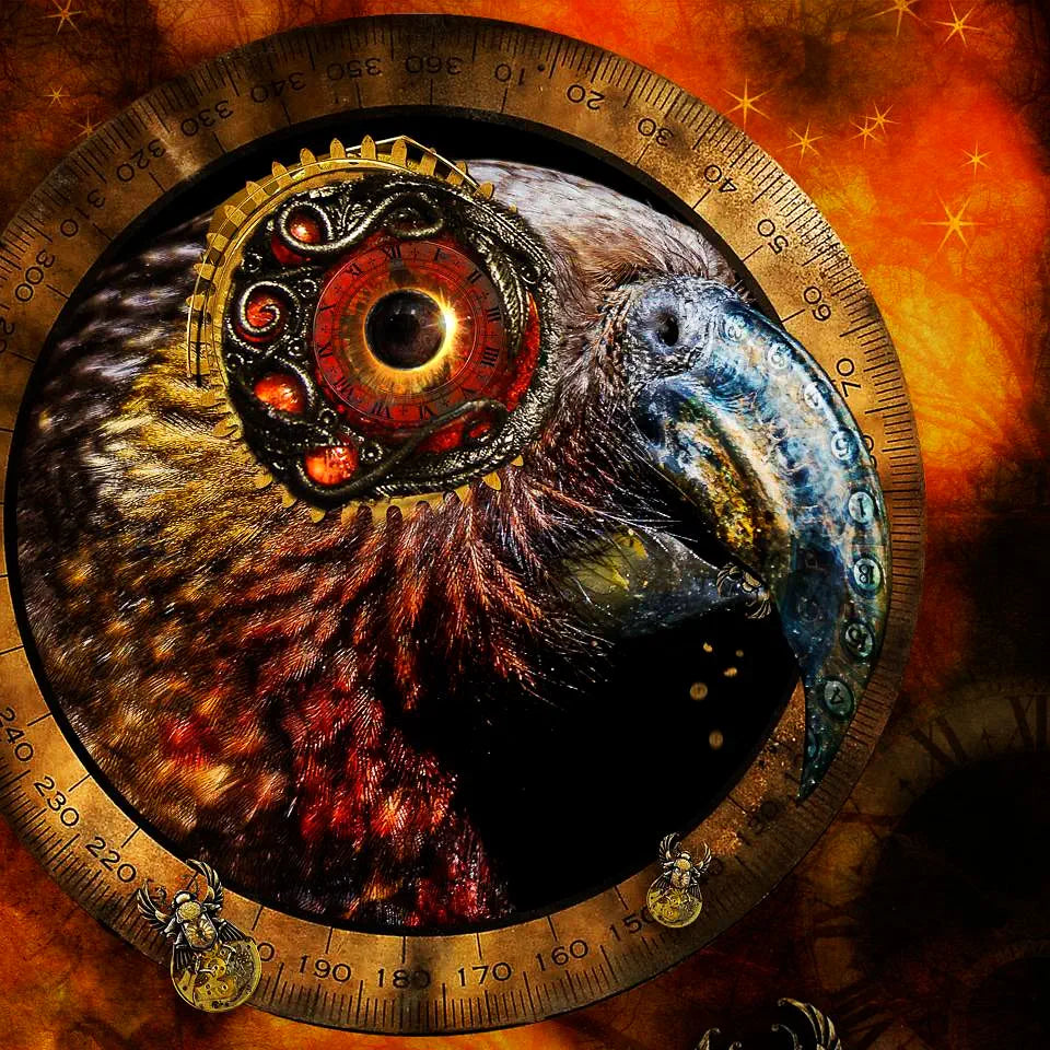 A steampunk artwork of a kaka parrot with its head coming out of a portal