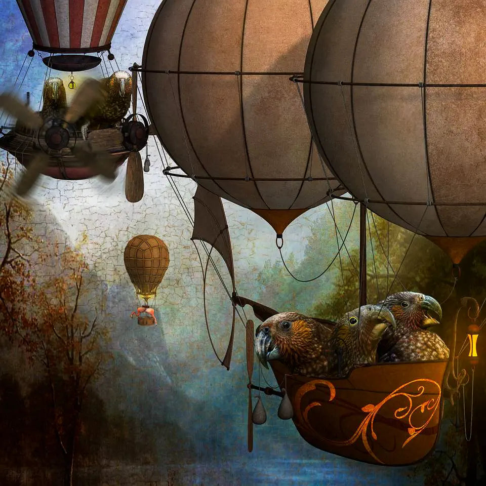 A steampunk artwork of kaka parrots and flamingoes in hot air balloons flying through a valley.
