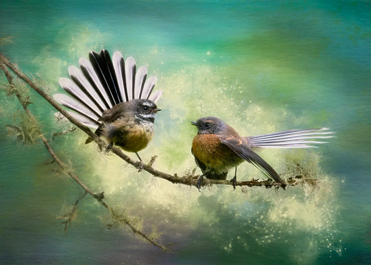 Artwork of two fantails on a branch