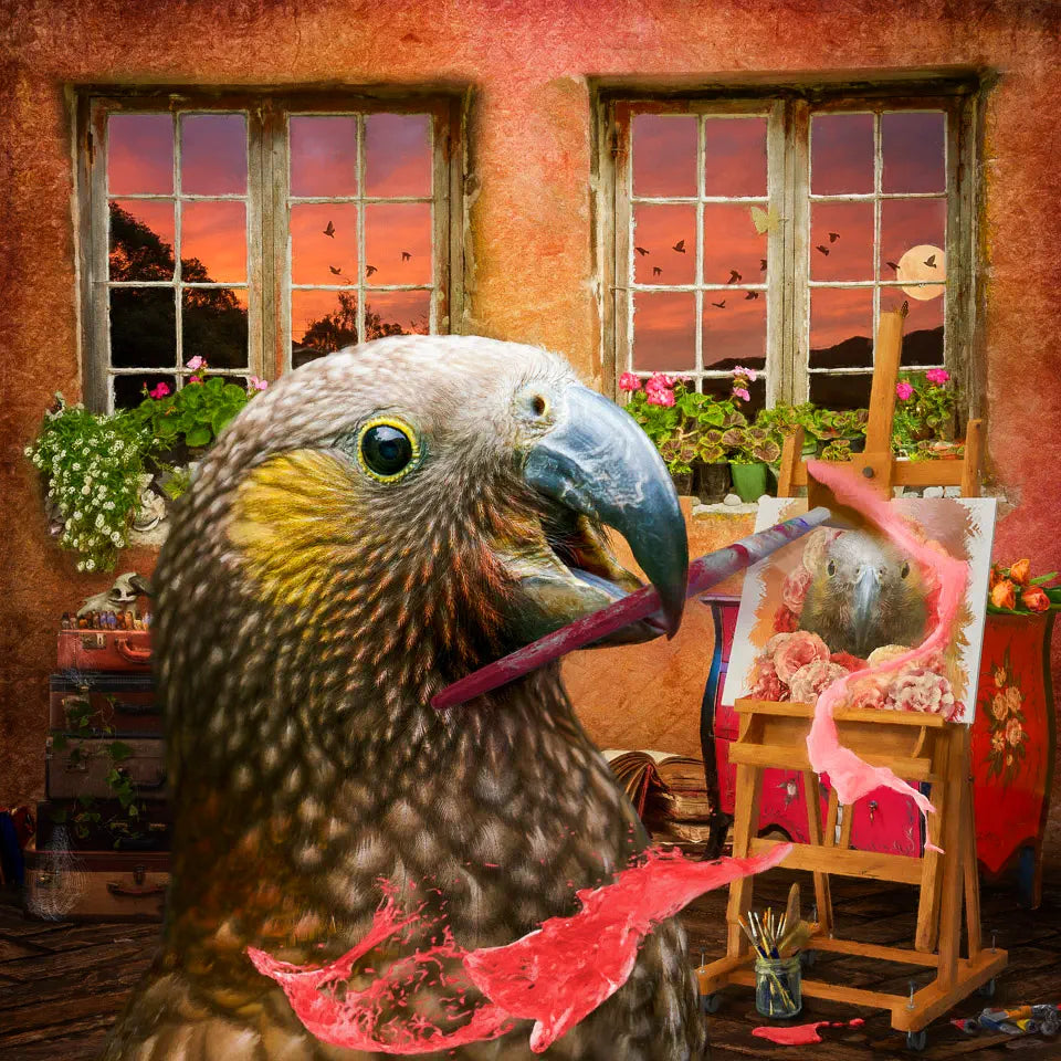 A joyful surreal artwork of a kaka painting a self portrait with a brush in her beak, splashing paint everywhere