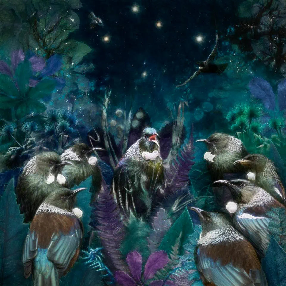 An artwork of a parliament of tui birds under the night sky with the southern cross constellation ablaze. they're surrounded by native leaves and trees
