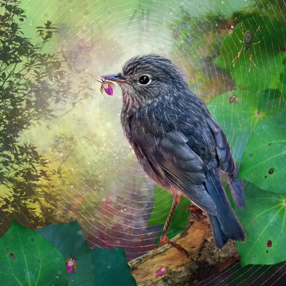 A surreal artwork of a toutouwai or robin holding a steampunk insect in its beak. In the background is a web and leaves, and more steampunked insects and spiders.