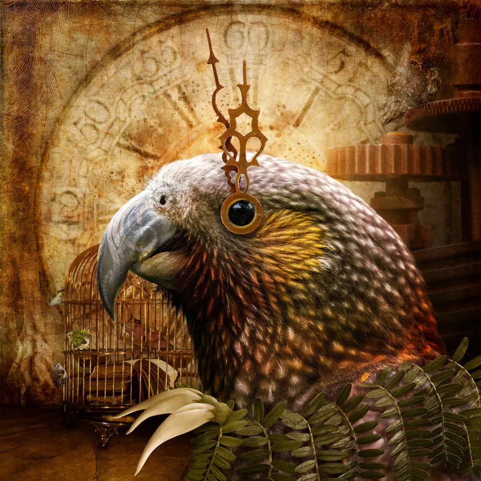 A surreal steampunk artwork of a kaka with clock hands around her eyes, wearing a cape of kakabeak flowers and leaves. In the background is a clock face, titipounamu or rifleman birds on a cage, and rusted machinery