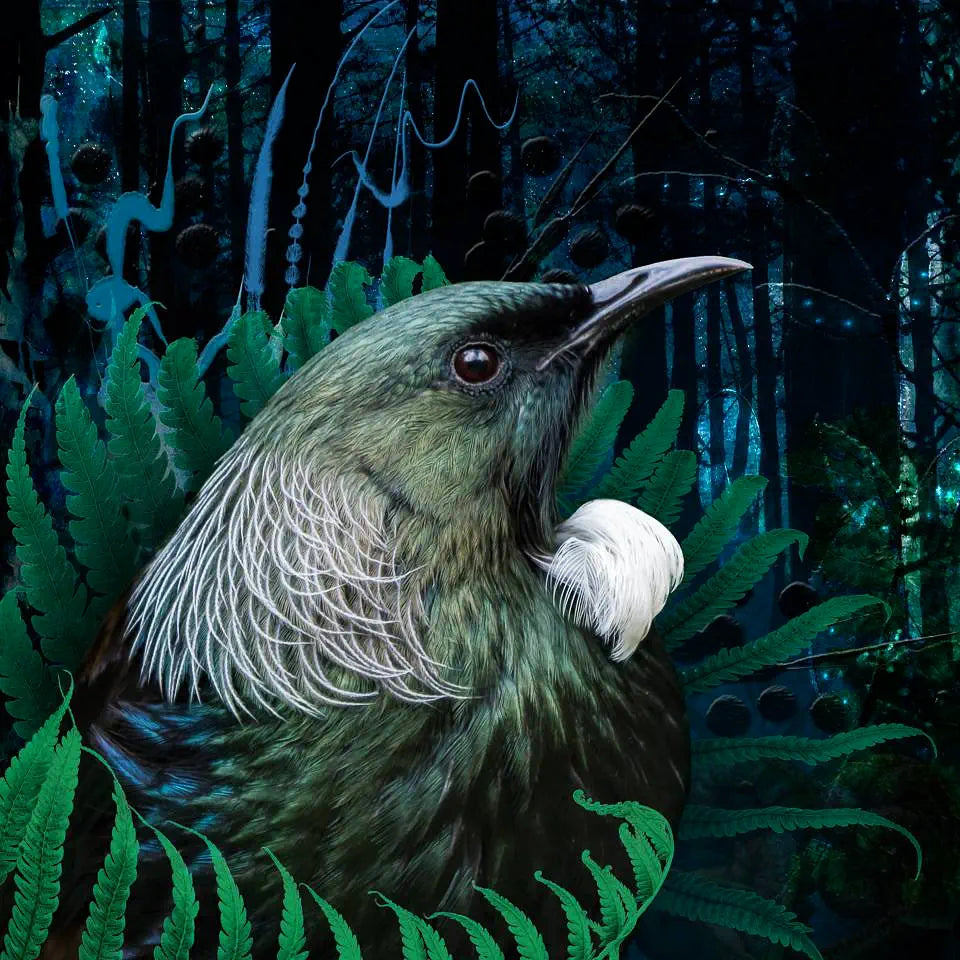 An artwork of a tui bird with a fern frond twirled around it with a background of a forest at night