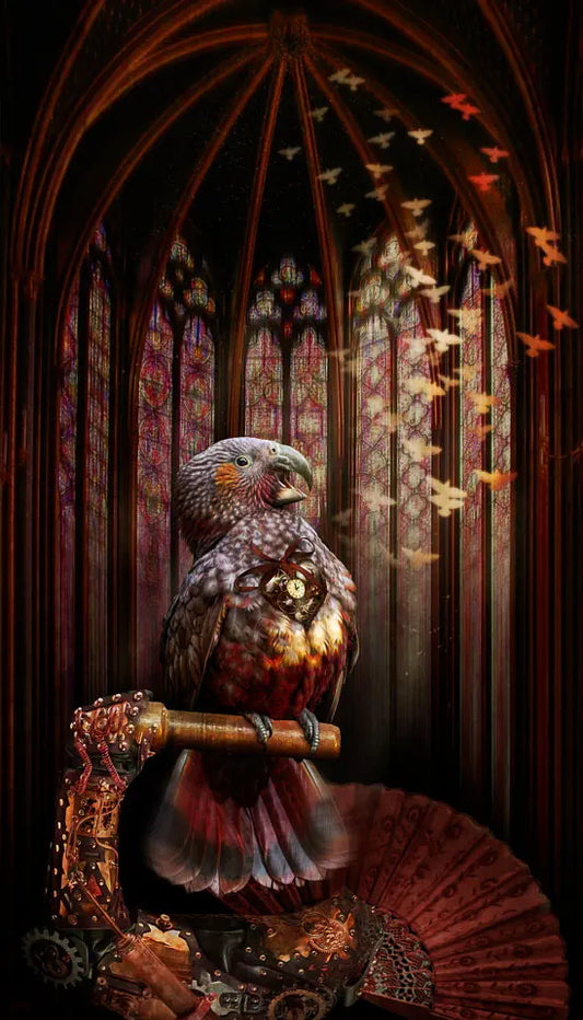 A surreal steampunk artwork of a kaka parrot singing in the gothic Sainte Chapelle cathedral with stained glass windows. Golden birds are flying up to the ceiling.