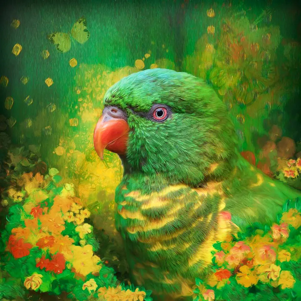 An artwork of a lorikeet in a garden of nasturtiums