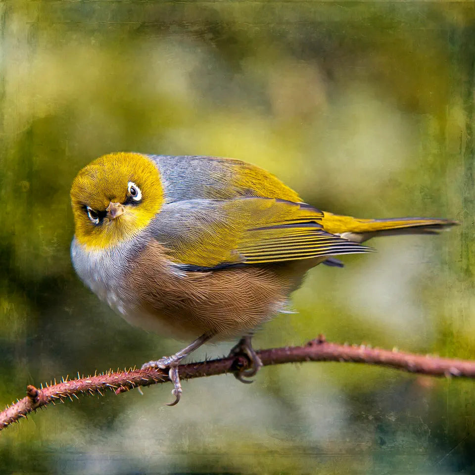 A funny photo of a tauhou or silvereye on a rose cane, looking at the photographer with a grump face